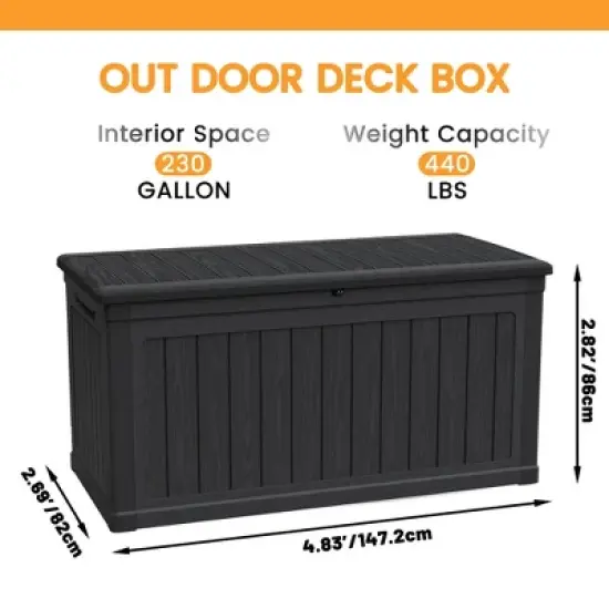 Gulches 230 Gallon Large Outdoor Storage XXL Deck Box, Black Waterproof Resin Lockable for Patio Furniture Cushions Garden Tools Pool Equipment image {3}