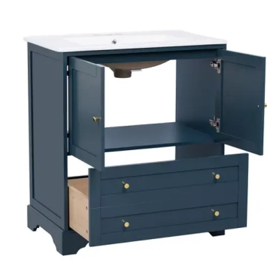 30'' Modern Bathroom Vanity with Ceramic Sink, Freestanding Storage Cabinet with Soft Close  Doors, Drawer & Gold Handles, Blue - ModernLuxe image {8}