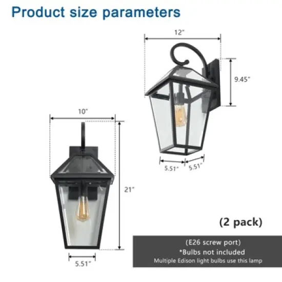 soscooter 21"-2-Pack Outdoor Wall Lantern Light &uml;C Modern Black Metal & Clear Glass Sconce for Porch, Patio, and Garden Lighting (Bulb Not Included) image {3}