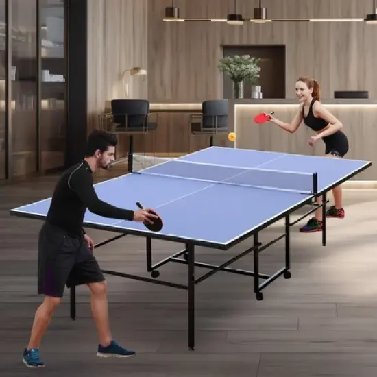 9ft Mid-Size Table Tennis Table Foldable & Portable Ping Pong Table Set for Indoor Games with Net, 2 Table Tennis Paddles and 3 Balls image {6}