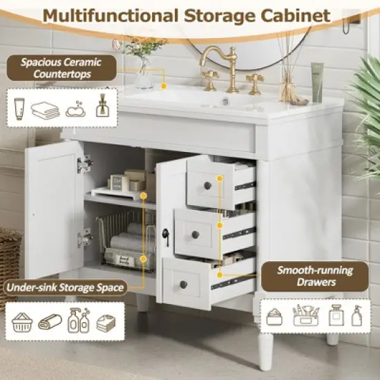 36" Bathroom Vanity with Ceramic Sink, 2 Soft Close Doors, 3 Drawers, Adjustable Shelf, Solid Wood Frame, Freestanding Storage Cabinet image {3}