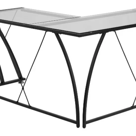 BlackArc Gaming Desk with Clear Glass Top and Black Powder Coated Metal Frame - L-Shaped 79" Diagonal Width - 8mm Tempered Glass image {6}
