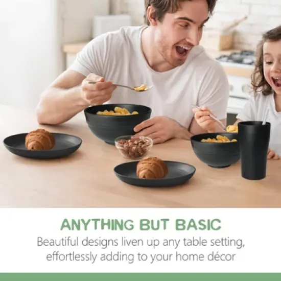 Itopfox 80-Piece Kitchen Plastic Wheat Straw Dinnerware Set, Includes Plates, Cups & Flatware, Dishwasher Safe, Unbreakable for Outdoor Use, Black image {5}