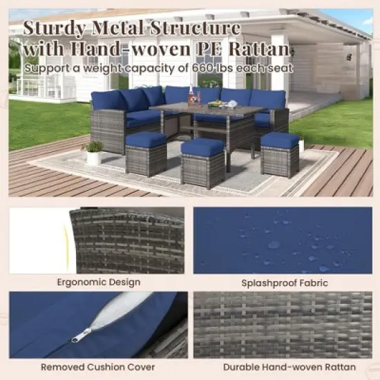 COWLOWN 7 Piece Blue Outdoor Patio Furniture Set, Brown Rattan with Dining Table, 3 Ottomans, Thickened Cushions for Backyard, Deck and Garden image {3}