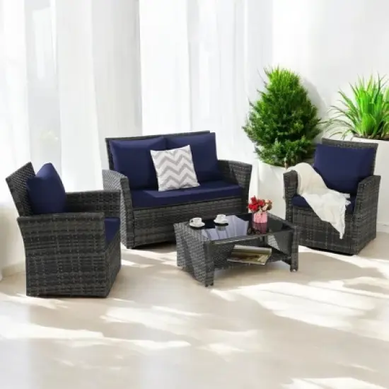 Mshliw 4-Piece Outdoor Patio Furniture Set, Garden Wicker Sofa with Tempered Glass Coffee Table, Poolside Lawn Chairs, Cushions, Modular Design image {8}