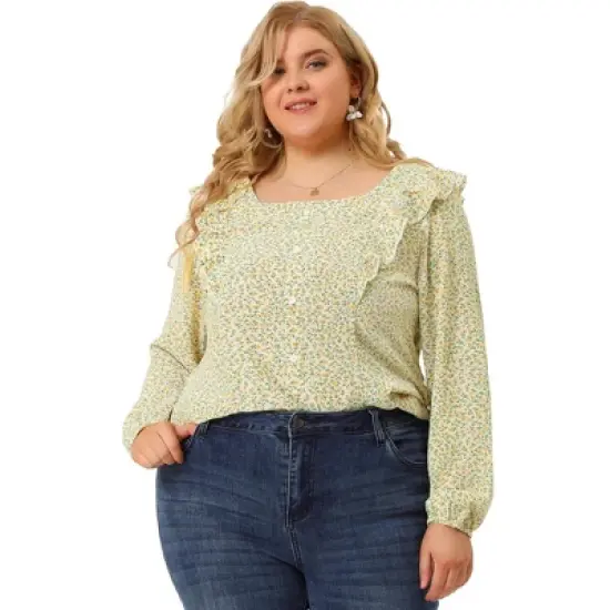 Agnes Orinda Women's Plus Size Blouses Long Sleeve Square Neck Ditsy Ruffle Floral Tops image {3}