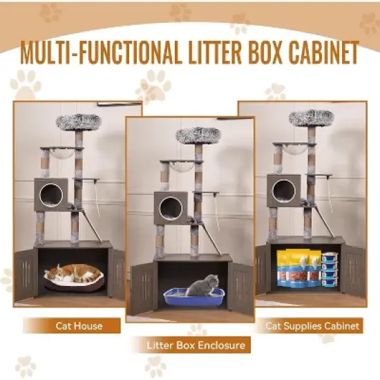 2-in-1 Cat Tower with Multiple Platforms, 66.9in Tall Hidden Washroom Litter Box Enclosure with Cat Tree, Wooden Cat Condo with Scratching Post, Gray image {5}