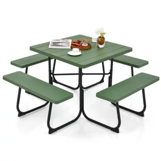 Tangkula 8-person Square Picnic Table Bench Set Outdoor Picnic Table with 4 Benches & Umbrella Hole 500 LBS Capacity Black/Grey/White/Green image {9}
