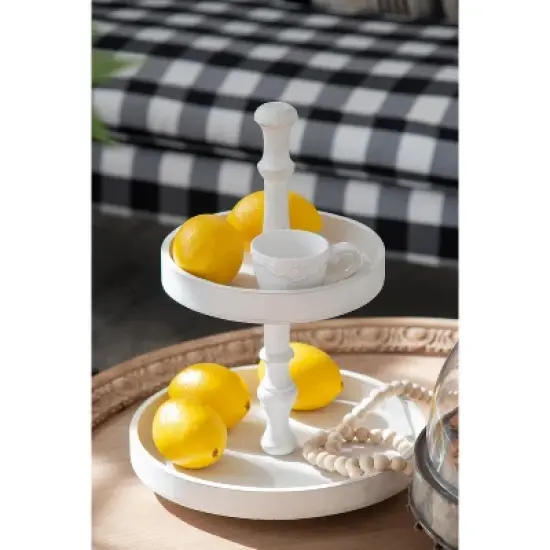 D11.8x15.4in Two-Tiered Round Wooden Tray, White image {5}