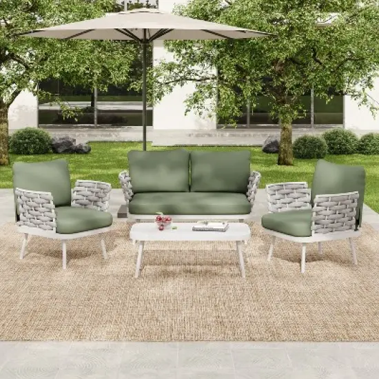 Christopher Knight Home Belle 4 Piece Modern Patio Metal and Rope Upholstered Seating Set with Coffee Table image {10}