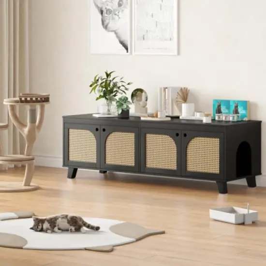 FURNIinspire Pet Crates and Houses Double Large Hidden Cat Litter Box Enclosure Furniture Cabinet with Rattan Doors, Black, 57.9"*19.7"*19.7" image {2}