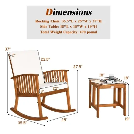Tangkula 3 PCS Acacia Wood Rocking Bistro Set Outdoor Furniture Front Porch Rocker Chairs Conversation Set with Coffee Table and Cushions image {5}