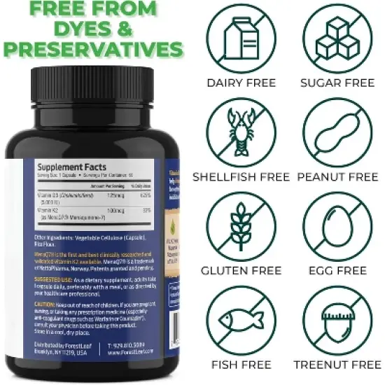 Forest Leaf K2 + D3 100 MCG - 5000 IU Formula, Supports Immune System, Bone & Heart Health - 60 Caps image {8}