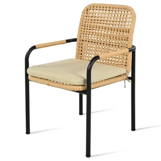 FIONECA 7-Piece Outdoor Wicker Patio Dining Set with Plastic-Wood Table Top, Umbrella Hole, Oatmeal Cushions &uml;C Backyard, Garden & Poolside Furniture image {8}