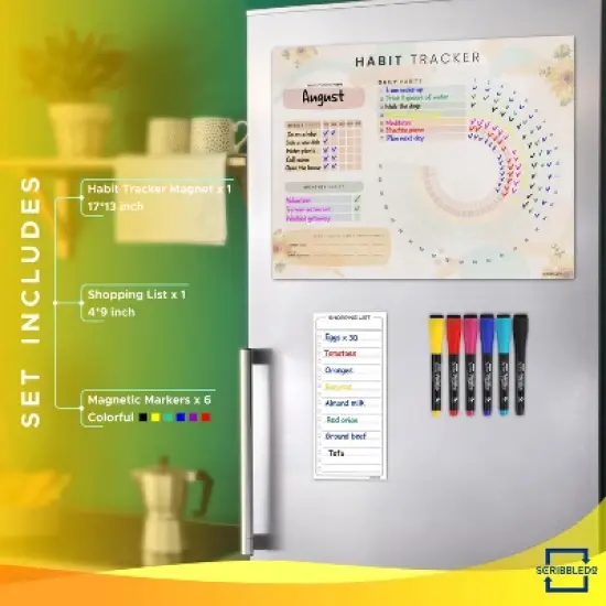 SCRIBBLEDO Magnetic Habit Tracker Calendar 13"x17" Fridge Dry Erase Board with 6 Markers image {7}