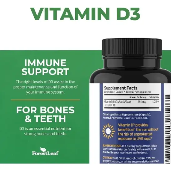 Forest Leaf Vitamin D3 10,000 IU - Bone Health and Immune Support, Small Easy-to-Swallow Capsules Vitamin D Supplements for Women and Men, 180 Caps image {2}