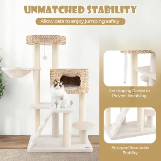 Tangkula Modern Cat Tower w/ Cattail Fluff Condo & Top Perch Sisal Scratching Posts image {7}