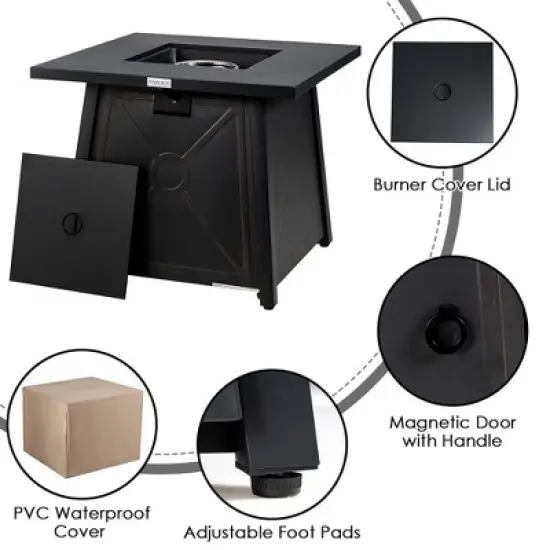 Costway 30'' Square Propane Gas Fire Pit Table 50,000 BTU W/ Waterproof Cover Lava Rock image {3}