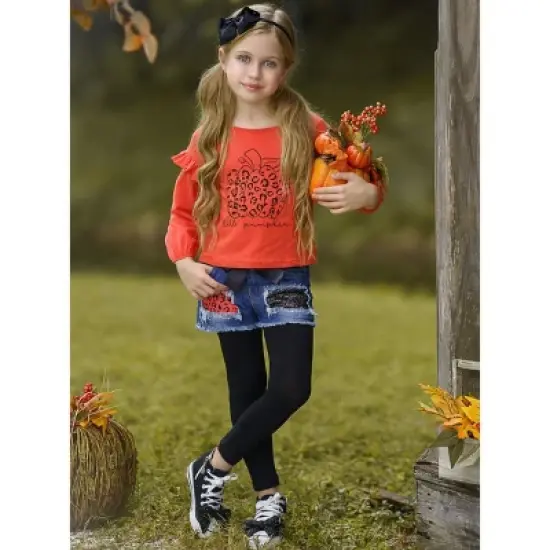 Girls Hello Pumpkin Top, Patched Denim Shorts & Legging Set Mia Belle Girls, Orange, 2T image {7}