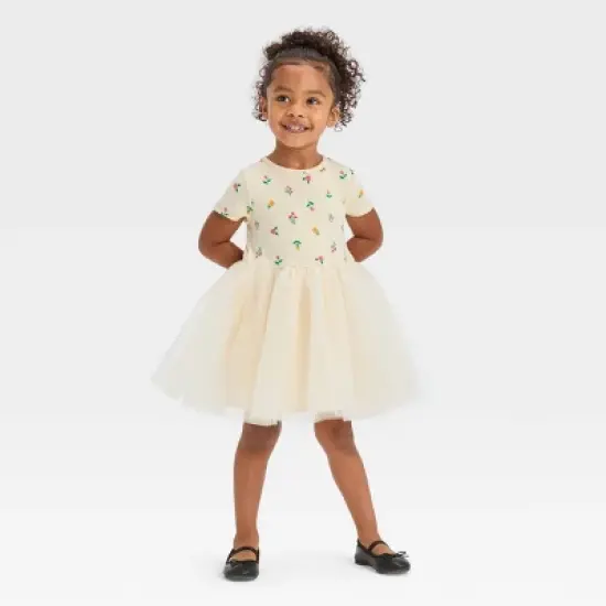 Toddler Girls' Floral Short Sleeve Knit Tulle Dress - Cat & Jack&trade; Off-White image {3}