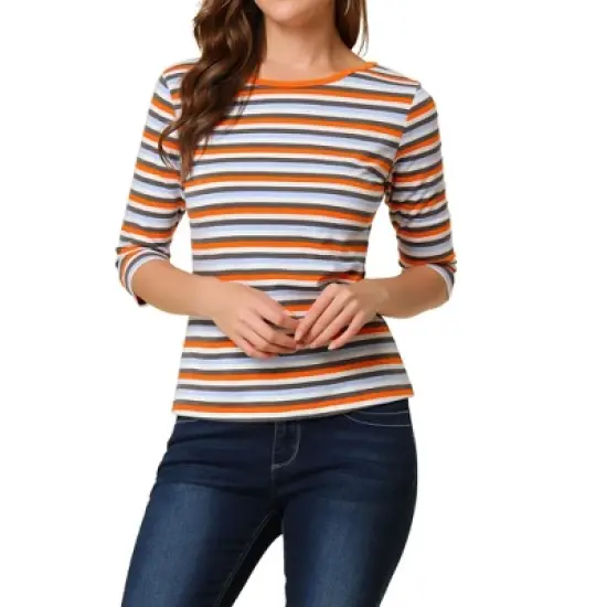 Allegra K Women's Elbow Sleeves Round Neck Slim Fit Casual Printed T-Shirt image {10}