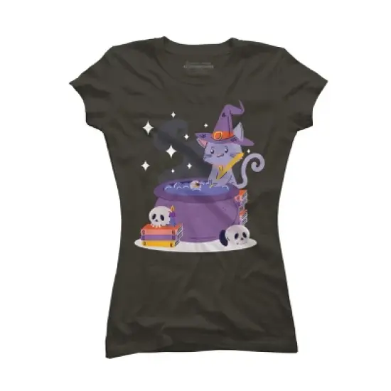 Junior's Design By Humans Halloween Kitty Cauldron By machmigo T-Shirt image {5}