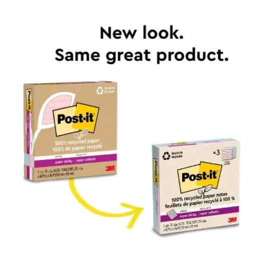 Post-it Recycled Super Sticky Notes 4"x4" Pastels: 100% Recycled Paper, 0.3 Inch Rule, Multicolored, 210 Sheets image {8}