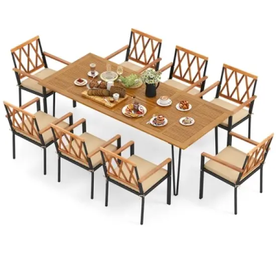 Tangkula 9 PCS Patio Dining Set w/ 8 Chairs Acacia Wood Table Top Umbrella Hole for Yard image {5}