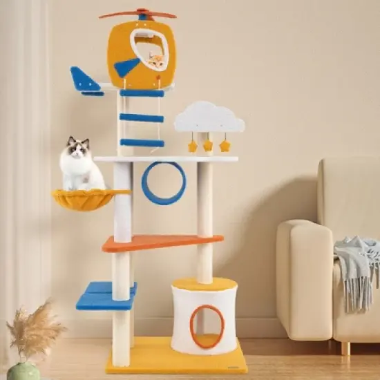 Tangkula 70" Tall Aviation-themed Cat Tree w/ Helicopter Top Perch Platforms Basket Bed image {1}