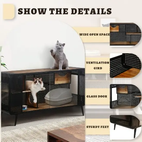 Chery Life 55.12 "L x 22.83"W x 29.92"H Spacious Cat House with Tempered Glass, Black image {9}