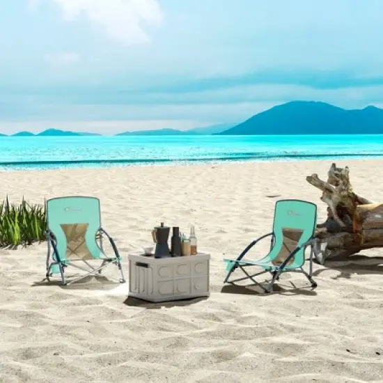 Outsunny Set of 2 Folding Beach Chair, Beach Chairs with Mesh Back, Carry Bag and Cup Holder for Outdoor Camping Lawn Sports Picnic, Turquoise image {1}