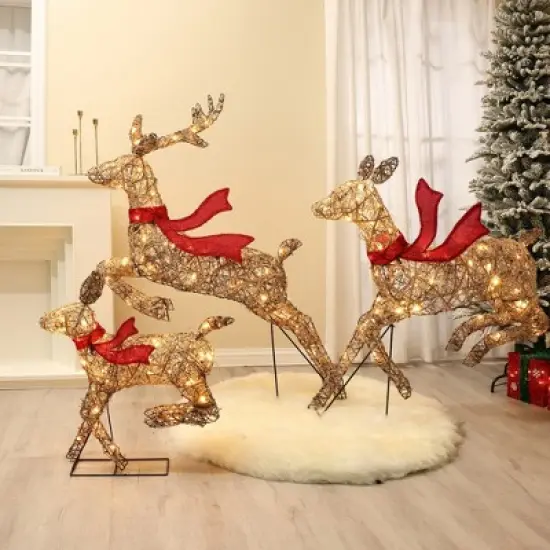 LuxenHome 3-Piece Natural and Plastic Rattan Running Reindeer Holiday Decoration Set with Lights Brown image {3}