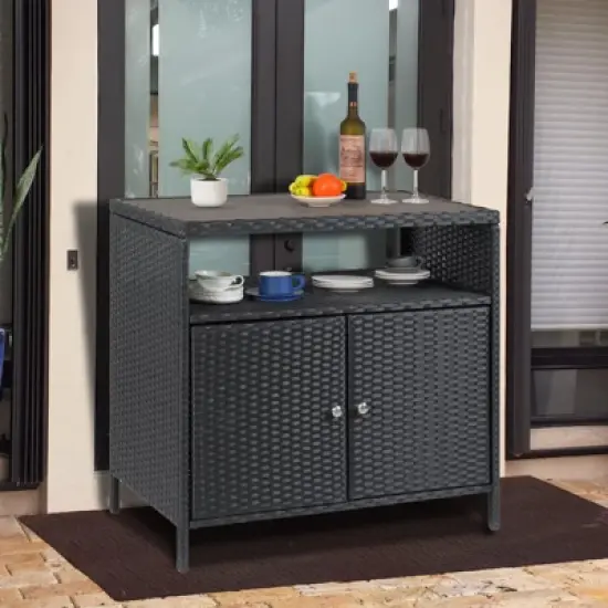 Weatherproof Rattan Storage Cabinet - 2-Door Wicker Patio Box, Outdoor Bar Table for Poolside & Backyard, Garden Furniture image {8}