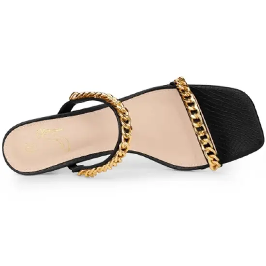 Perphy Snakeskin Printed Square Toe Chain Stiletto Heels Slide Sandals for Women image {3}