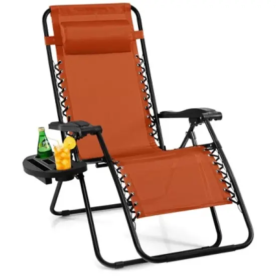 Costway Folding Zero Gravity Reclining Lounge Chairs Beach Patio with Utility Tray Orange image {9}