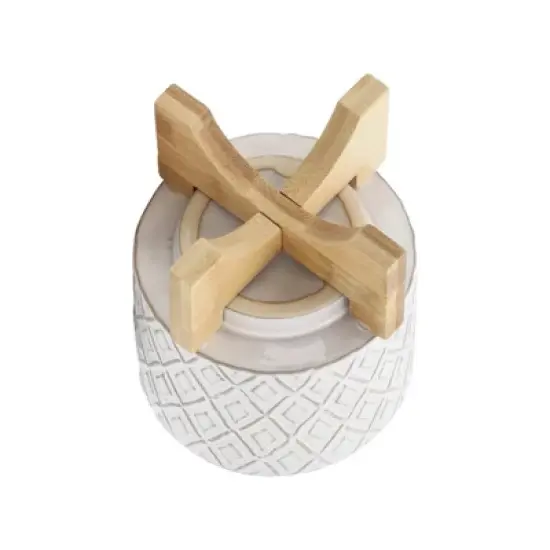 Sagebrook Home 6" Wide Ceramic Diamond Etched Flower Planter Pot with Wooden Stand Beige image {4}