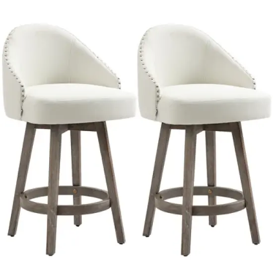 HOMCOM Bar Stools Set of 2, Linen Fabric Kitchen Counter Stools with Nailhead Trim, Rubber Wood Legs and Footrest for Dining Room, Counter, Pub image {7}