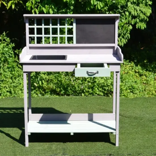 Outsunny Outdoor Wooden Potting Bench Table with Removable Sink, Garden Work Station with Chalkboard, Drawer, Open Shelf Storage, Light Gray image {6}