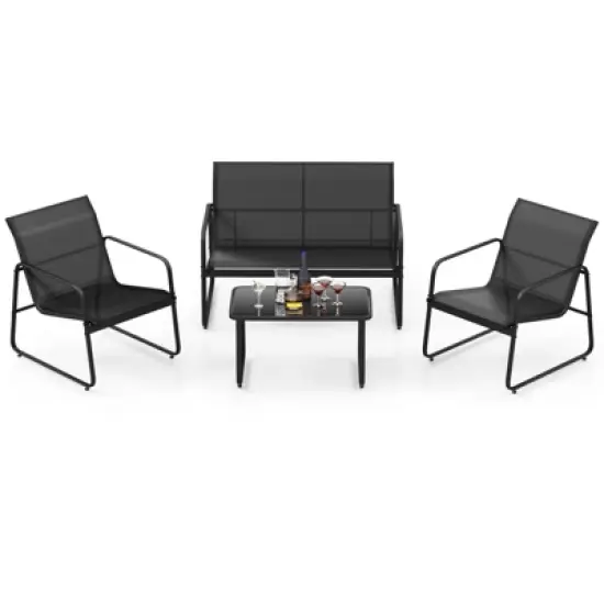 Tangkula 4 PCS Furniture Set Tempered Glass Coffee Table Chair Outdoor Patio Loveseat Black image {4}