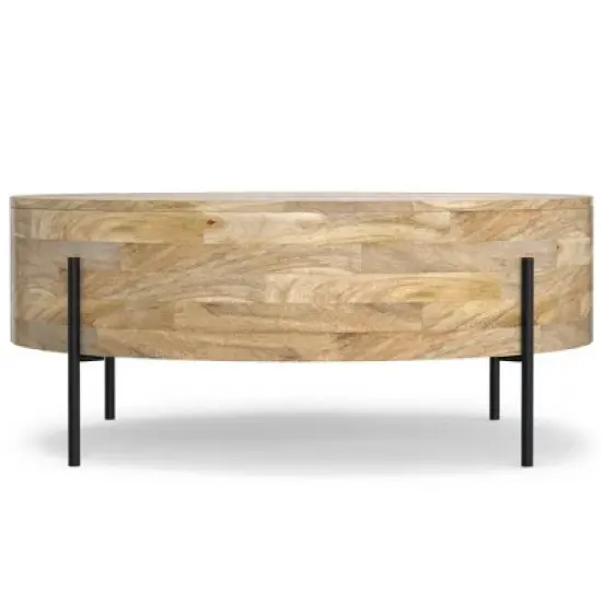 WyndenHall Farmington Drum Coffee Table Natural : Modern Industrial Style, Mango Wood & Iron, 38" image {2}