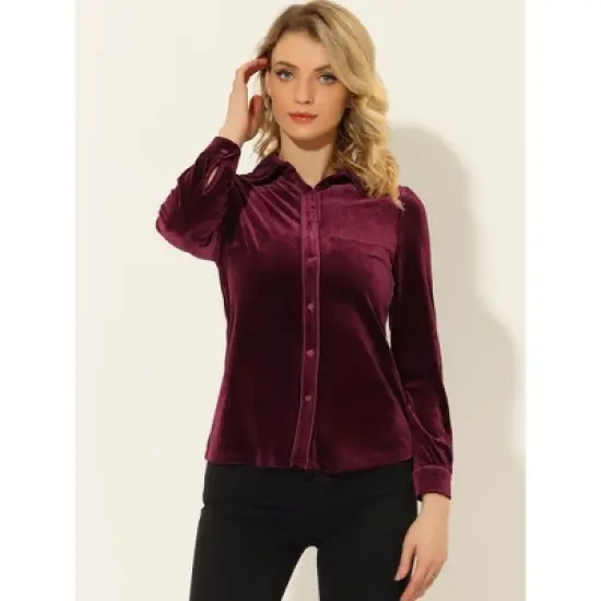 Allegra K Women's Button Down Blouse Solid Color Long Sleeve Velvet Work Shirt image {1}