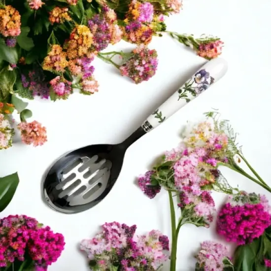 Portmeirion Botanic Garden Slotted Spoon, Kitchen Spoon for Cooking and Serving, Pansy Floral Design, Made from Stainless Steel with Porcelain Handle image {1}