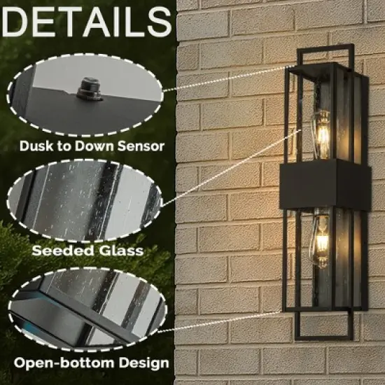 ALOADECOR Modern Outdoor Wall Light with Dusk to Dawn Sensor H26'' Black  with Seeded Glass 2-Light Waterproof Sconce for Porch Garage image {10}