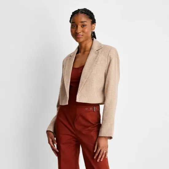 Women's Long Sleeve Plaid Cropped Blazer - Future Collective&trade; with Reese Blutstein Cream image {3}