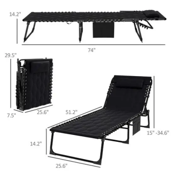 TIRAMISUBEST 5-Position Reclining Chaise Lounge Set - Outdoor Folding Chair with Padded Seat, Headrest & Side Pocket (Black) image {4}