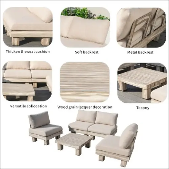 Moda Furnishings 4-Person Outdoor Patio Aluminum Wood Grain Sectional Seating Group With Beige Cushions image {7}