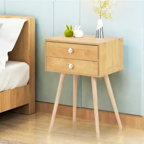 Costway Mid Century Modern 2 Drawers Nightstand In Natural Sofa Side Table End Table image {2}