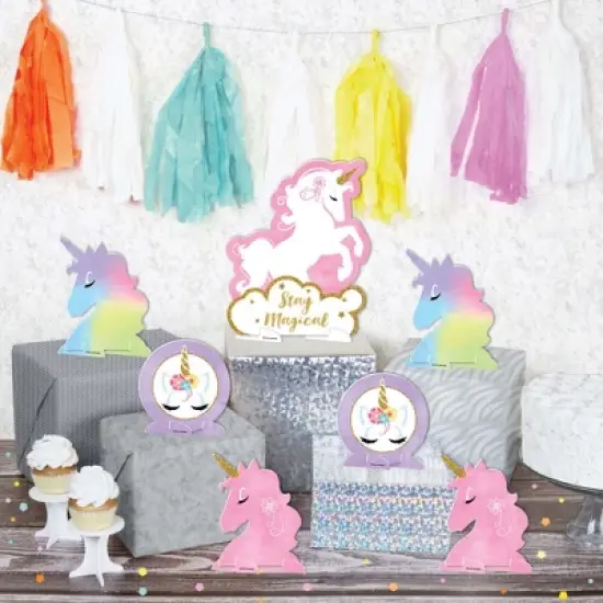 Big Dot of Happiness Rainbow Unicorn - Magical Unicorn Baby Shower or Birthday Party Centerpiece Table Decorations - Tabletop Standups - 7 Pieces image {2}