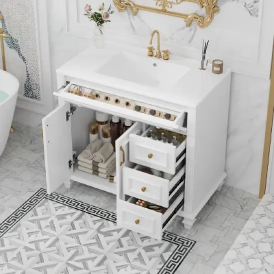 36" Bathroom Vanity with Sink, White Vanity Cabinet with Flip-Out Drawer, 3 Drawers, 2 Soft-Close Doors image {9}