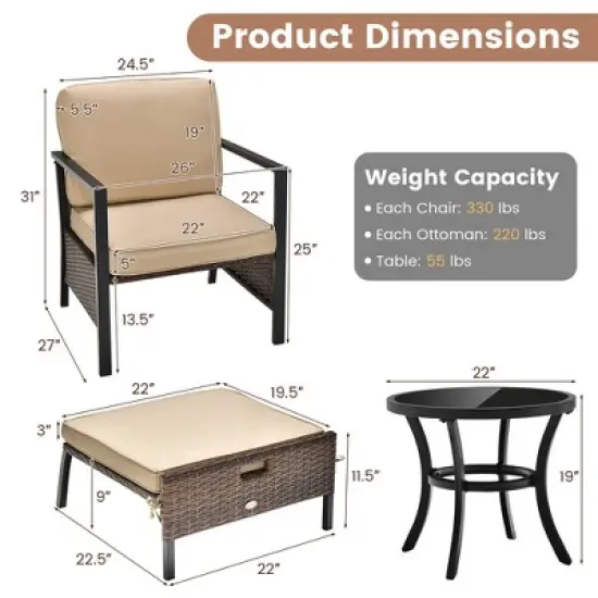 Costway 5PCS Patio Wicker Conversation Set Space Saving Cushions Chairs with Ottomans Table image {3}